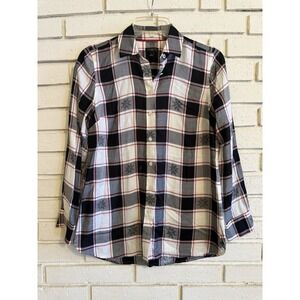 Talbots Womens XSp Black White Buffalo Check Plaid Button‎ Front Long Sleeve